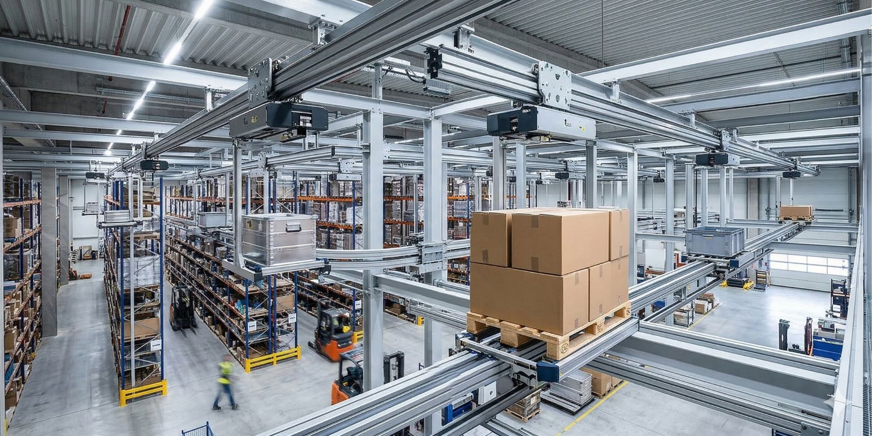 A close-up of a modern electric monorail system that transports a pallet of goods across a well-organized warehouse floor. The vehicles are suspended from metal rails attached to the roof structure, logistics center, intralogistics solution, high-bay warehouse